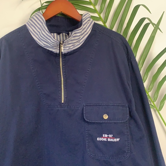 Vintage Y2K Eddie Bauer Navy 3/4 Zip Long Sleeve Sweater 100% Cotton Tall XL - Picture 2 of 10